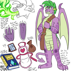 Size: 3000x3000 | Tagged: safe, artist:gingygin, derpibooru import, spike, dragon, adult, adult spike, apron, bag, book, clothes, fire, fire breath, male, messenger bag, older, older spike, reference sheet, simple background, solo, white background, winged spike