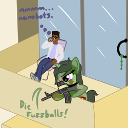 Size: 1200x1200 | Tagged: safe, artist:dafiltafish, derpibooru import, oc, oc:doc, oc:friendly fire, human, pony, balcony, chair, gun, lawn chair, mad scientist, nanobots, rifle, sniper rifle, story:remastering, text, transformation, weapon