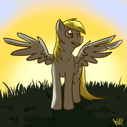 Size: 527x527 | Tagged: safe, artist:wolfy-t, derpibooru import, derpy hooves, pegasus, female, mare, solo, spread wings, sun, sunrise, wings