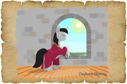 Size: 1500x1000 | Tagged: safe, alternate version, artist:malte279, derpibooru import, oc, oc:twihorn shining, unicorn, tails of equestria, clothes, npc, parchment, robe, robin hood, sheriff, sun, window