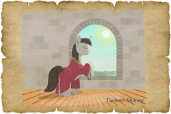 Size: 1280x854 | Tagged: safe, alternate version, artist:malte279, derpibooru import, oc, oc:twihorn shining, unicorn, tails of equestria, clothes, npc, parchment, robe, robin hood, sheriff, sun, window