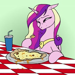 Size: 1200x1200 | Tagged: safe, artist:pony quarantine, derpibooru import, princess cadance, alicorn, pony, disgusted, drink, ears, eating, female, floppy ears, food, mare, pizza, solo, spitting, table, tongue, tongue out