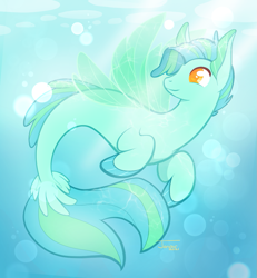 Size: 923x1000 | Tagged: safe, artist:janisar, derpibooru import, oc, oc only, seapony (g4), bubble, clothes, crepuscular rays, dorsal fin, fin wings, fins, fish tail, flowing tail, orange eyes, see-through, signature, smiling, solo, sunlight, swimming, tail, underwater, water, wings