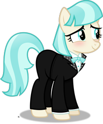 Size: 2583x3086 | Tagged: safe, artist:anime-equestria, derpibooru import, coco pommel, earth pony, blushing, bowtie, clothes, female, happy, mare, simple background, smiling, solo, suit, transparent background, tuxedo, vector