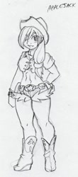 Size: 1052x2397 | Tagged: safe, artist:ruxikah, derpibooru import, part of a set, applejack, human, abs, boots, breasts, clothes, daisy dukes, female, grayscale, hair over one eye, hand on hip, hat, humanized, midriff, monochrome, pencil drawing, shoes, short shirt, shorts, sketch, solo, traditional art, underboob