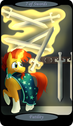 Size: 1500x2591 | Tagged: safe, artist:sixes&sevens, derpibooru import, part of a set, sunburst, unicorn, cloak, clothes, glasses, levitation, looking back, magic, male, minor arcana, seven of swords, solo, stealing, sunburst's cloak, sunburst's glasses, sword, tarot card, telekinesis, weapon