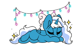 Size: 1131x707 | Tagged: safe, artist:cryptidmars, derpibooru import, oc, oc:fleurbelle, alicorn, alicorn oc, bow, eyes closed, fairy lights, female, hair bow, horn, mare, simple background, sleeping, sparkles, transparent background, wings