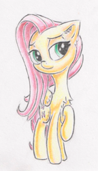 Size: 629x1092 | Tagged: safe, artist:itchystomach, derpibooru import, fluttershy, pegasus, pony, chest fluff, ear fluff, ears, female, folded wings, head tilt, head turned, lidded eyes, looking at you, mare, pencil drawing, raised hoof, raised leg, solo, standing, three quarter view, traditional art, wings