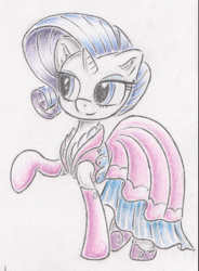 Size: 810x1103 | Tagged: safe, artist:itchystomach, derpibooru import, rarity, pony, unicorn, clothes, dress, evening gloves, female, gloves, hoof gloves, long gloves, looking at something, looking away, mare, pencil drawing, raised hoof, raised leg, solo, standing, three quarter view, traditional art