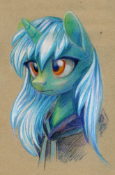 Size: 725x1100 | Tagged: safe, artist:maytee, derpibooru import, lyra heartstrings, pony, unicorn, bust, clothes, colored pencil drawing, dig the swell hoodie, hoodie, portrait, sad, solo, traditional art