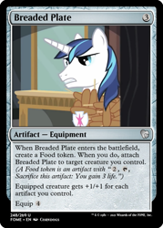 Size: 375x523 | Tagged: safe, derpibooru import, edit, shining armor, unicorn, friendship is witchcraft, ccg, corn, corndog, foaly matripony, food, francis sparkle, magic the gathering, outfit made of corndogs, sausage, trading card, trading card edit