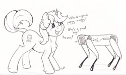 Size: 2277x1345 | Tagged: safe, artist:lightisanasshole, derpibooru import, oc, oc:dorm pony, robot, unicorn, blushing, boston dynamics, curved horn, funny, horn, kneeling, marker, owo, sketch, talking, text, traditional art