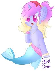 Size: 1383x1788 | Tagged: safe, artist:pasteldraws, derpibooru import, merpony, pony, cute, fluffy mane, redesign, shell, simple background, solo, transparent background