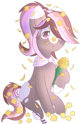 Size: 1136x1740 | Tagged: safe, artist:pasteldraws, derpibooru import, earth pony, pony, bouquet, clothes, commission, flower, ponytail, scarf, simple background, solo, transparent background