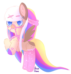 Size: 1400x1450 | Tagged: safe, artist:pasteldraws, derpibooru import, pegasus, clothes, freckles, hairpin, redesign, simple background, socks, solo, transparent background