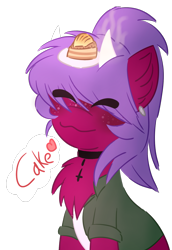 Size: 1243x1804 | Tagged: safe, artist:pasteldraws, derpibooru import, oc, oc:aki, pony, succubus, cake, choker, clothes, cute, ear piercing, earring, fluffy mane, food, freckles, horns, jacket, jewelry, piercing, ponytail, simple background, smiling, solo, transparent background