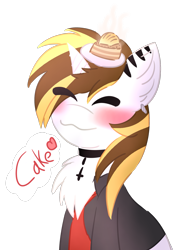 Size: 1239x1778 | Tagged: safe, artist:pasteldraws, artist:sroka001, derpibooru import, oc, oc:srok, pony, unicorn, :3, cake, chest fluff, choker, cute, ear piercing, earring, fluffy, food, jewelry, necktie, piercing, redesign, simple background, smiling, solo, transparent background