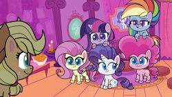 Size: 1920x1080 | Tagged: safe, derpibooru import, screencap, applejack, fluttershy, pinkie pie, rainbow dash, rarity, twilight sparkle, twilight sparkle (alicorn), alicorn, earth pony, pegasus, pony, unicorn, my little pony: pony life, the de-stress ball, spoiler:pony life s02e23, applejack's hat, clothes, cowboy hat, female, hat, mane six, mare, sitting, teeth