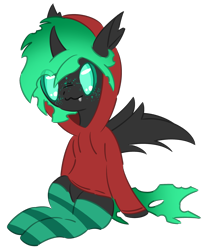 Size: 1524x1882 | Tagged: safe, artist:pasteldraws, derpibooru import, oc, oc:ice, changeling, pony, clothes, fangs, fluffy mane, freckles, green changeling, hoodie, simple background, socks, solo, transparent background