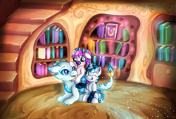 Size: 1280x865 | Tagged: safe, artist:appleneedle, derpibooru import, oc, dragon, pegasus, pony, unicorn, art, baby, book, bookshelf, character, commission, digital, draw, drawing, evening, fanart, female, filly, friends, golden oaks library, joy144sk, magic, paint, painting, patreon, reward, stairs