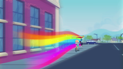 Size: 1280x720 | Tagged: safe, derpibooru import, screencap, rainbow dash, better together, equestria girls, run to break free, canterlot high, car, clothes, converse, female, hoodie, rainbow trail, running, shoes