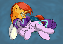 Size: 1026x724 | Tagged: artist needed, source needed, safe, derpibooru import, starlight glimmer, sunburst, pony, unicorn, cloak, clothes, cuddling, eyes closed, female, glasses, male, shipping, sleeping, starburst, straight, sunburst's cloak, sunburst's glasses