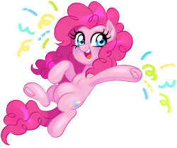 Size: 1064x894 | Tagged: safe, alternate version, artist:cryptidcake, derpibooru import, pinkie pie, earth pony, pony, belly, confetti, cute, diapinkes, female, happy, looking at you, mare, open mouth, simple background, smiling, solo, transparent background