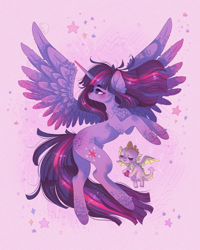 Size: 2400x3000 | Tagged: safe, artist:adishu, derpibooru import, spike, twilight sparkle, twilight sparkle (alicorn), alicorn, dragon, pony, chest fluff, duo, ear fluff, ears, female, high res, leg fluff, male, mare, pink background, profile, simple background, spread wings, stars, winged spike, wings