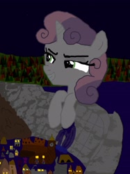 Size: 2981x3990 | Tagged: safe, artist:definitelynotme, derpibooru import, sweetie belle, unicorn, badly drawn, dam, destruction, evil, evil grin, fanfic in the source, flood, flooding, glowing eyes, grin, hooves, horn, lights, macro, micro, night, out of character, out of context, smiling, solo, stars, swimming, two colour hair, unprofessional, water, why