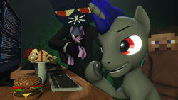 Size: 1920x1080 | Tagged: safe, artist:yrbertthecat, derpibooru import, screencap, discord, twilight sparkle, oc, oc:enigan, oc:vadimcomrade, anthro, cat, human, pony, unicorn, 3d, anthro oc, burger, computer, controller, crossover, food, keyboard, mario, minecraft, source filmmaker, steve, table, toy