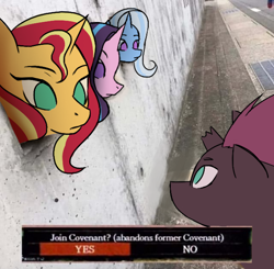 Size: 1500x1467 | Tagged: safe, artist:nire, derpibooru import, starlight glimmer, sunset shimmer, tempest shadow, trixie, unicorn, broken horn, dark souls, horn, meme, ponified animal photo, reformed unicorn meeting