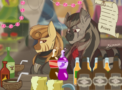 Size: 4096x3038 | Tagged: safe, artist:besomb1tch, derpibooru import, oc, pony, zebra, fallout equestria, apple cider, caps, cover, drink, female, foe, male, market, sparkle cola, zebra oc