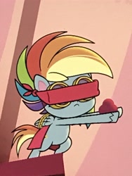 Size: 3024x4032 | Tagged: safe, derpibooru import, screencap, rainbow dash, pegasus, pony, little miss fortune, my little pony: pony life, spoiler:pony life s02e20, bipedal, blindfold, cropped, danger dash, female, rope, solo