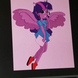 Size: 1080x1080 | Tagged: safe, alternate version, artist:vyckykenyon, derpibooru import, twilight sparkle, twilight sparkle (alicorn), alicorn, human, alicorn humanization, clothes, colored, horn, horned humanization, humanized, open mouth, shoes, smiling, solo, spread wings, traditional art, winged humanization, wings