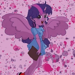 Size: 714x714 | Tagged: safe, alternate version, artist:vyckykenyon, derpibooru import, twilight sparkle, twilight sparkle (alicorn), alicorn, human, abstract background, alicorn humanization, clothes, colored, horn, horned humanization, humanized, open mouth, shoes, smiling, solo, spread wings, winged humanization, wings