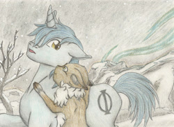 Size: 2861x2097 | Tagged: safe, artist:cindertale, derpibooru import, oc, oc only, deer, pony, unicorn, chest fluff, cloven hooves, deer oc, duo, horn, outdoors, traditional art, tree, unicorn oc