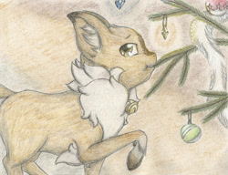 Size: 2250x1728 | Tagged: safe, artist:cindertale, derpibooru import, oc, oc only, deer, chest fluff, christmas, christmas tree, cloven hooves, deer oc, ear fluff, ears, holiday, mouth hold, raised hoof, raised leg, solo, traditional art, tree