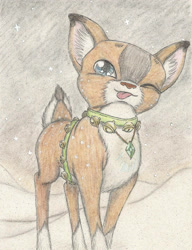 Size: 1718x2237 | Tagged: safe, artist:cindertale, derpibooru import, oc, oc only, deer, :p, collar, deer oc, ear fluff, ears, female, jewelry, necklace, one eye closed, outdoors, red nose, snow, solo, tongue, tongue out, traditional art, wink