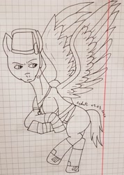 Size: 2473x3481 | Tagged: safe, artist:agdapl, derpibooru import, pegasus, pony, clothes, crossover, flying, graph paper, hat, headset, lineart, looking up, ponified, scout, signature, solo, team fortress 2, traditional art, wings