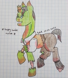 Size: 2559x2937 | Tagged: safe, artist:agdapl, derpibooru import, pony, undead, zombie, zombie pony, broken horn, clothes, crossover, descriptive noise, graph paper, horn, male, medic, ponified, raised hoof, raised leg, signature, solo, stallion, team fortress 2, traditional art