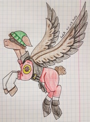 Size: 2393x3255 | Tagged: safe, artist:agdapl, derpibooru import, pegasus, pony, beanie, clothes, crossover, demoman, graph paper, hat, male, ponified, rearing, signature, solo, stallion, team fortress 2, traditional art, two toned wings, wings