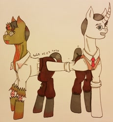 Size: 2021x2196 | Tagged: safe, artist:agdapl, derpibooru import, pony, unicorn, blood, broken horn, clothes, crossover, duo, glasses, grin, horn, male, medic, necktie, pants, ponified, raised hoof, raised leg, signature, smiling, stallion, team fortress 2, traditional art