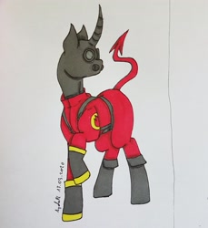 Size: 2796x3051 | Tagged: safe, artist:agdapl, derpibooru import, pony, unicorn, boots, clothes, crossover, gas mask, horn, looking back, male, mask, ponified, pyro, raised hoof, raised leg, shoes, signature, solo, stallion, team fortress 2, traditional art