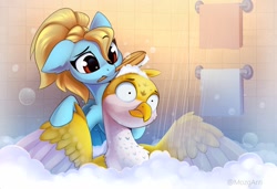 Size: 1308x894 | Tagged: safe, artist:anti1mozg, derpibooru import, oc, oc only, oc:beaky, oc:brave blossom, griffon, pegasus, pony, fanfic:yellow feathers, bath, bathing, bathroom, behaving like a cat, brushie, brushing, bubble, catbird, duo, female, foam, griffon oc, male, mare, mother and child, mother and son, mouth hold, parent and child, pegasus oc, scared, shower, suds, towel