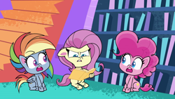 Size: 1280x720 | Tagged: safe, derpibooru import, screencap, fluttershy, pinkie pie, rainbow dash, earth pony, pegasus, pony, journey to the center of the 'cord, my little pony: pony life, spoiler:pony life s02e26, angry, book, ears, female, floppy ears, gasp, open mouth, sitting, teeth, trio, trio female