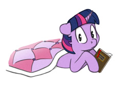 Size: 845x565 | Tagged: safe, artist:s.l.guinefort, color edit, derpibooru import, edit, editor:vedont, twilight sparkle, pony, unicorn, blanket, book, colored, female, looking at you, mare, simple background, sketch, solo, white background