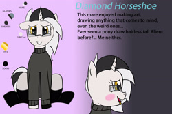 Size: 3600x2400 | Tagged: safe, artist:bestponies, derpibooru import, oc, oc only, oc:diamond horseshoe, unicorn, blushing, clothes, female, front view, glasses, happy, looking at you, mare, reference sheet, simple background, smiling, socks, sweater, text