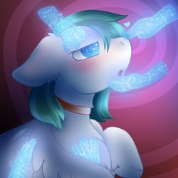Size: 2000x2000 | Tagged: safe, artist:vinyldraw, oc, oc only, oc:zephyr, pegasus, pony, blushing, boop, chest fluff, chin scratch, collar, disembodied hand, ear scratch, ears, female, floppy ears, fluffy, helping hands, high res, hypnosis, hypnotized, mare, open mouth, pony pet, solo, swirly eyes