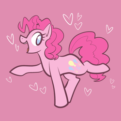 Size: 2000x2000 | Tagged: safe, artist:vodkamewtwoni, pinkie pie, earth pony, pony, cute, cutie mark, female, heart, heart background, looking back, mare, open mouth, pink background, profile, raised hoof, raised leg, simple background, smiling, solo