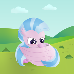 Size: 2000x2000 | Tagged: safe, artist:goldenflow, derpibooru import, silverstream, hippogriff, april fools 2021, beak, cute, female, grooming, outdoors, preening, solo, talon, vector, wings